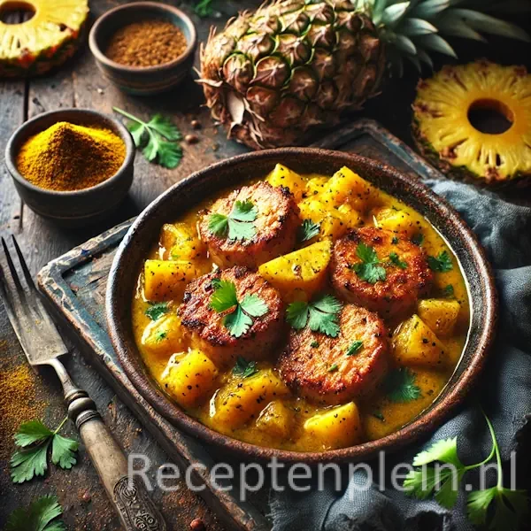Een rustieke foodfoto van varkensfiletmedaillons met een gele kerriesaus en stukjes ananas, geserveerd in een kom op een donkere houten tafel met verse ananas en kruiden eromheen.
