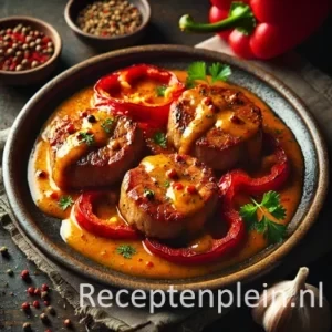 Een rustieke foodfoto van varkensfiletmedaillons met een glanzende paprika-mosterdsaus, geserveerd in een kom op een donkere houten tafel met rode paprika’s, mosterdzaadjes en knoflook eromheen.