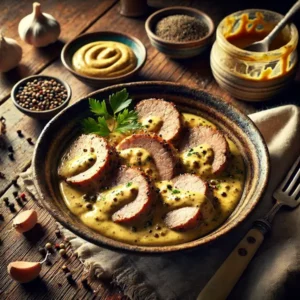 Een rustieke foodfoto van varkensfilet in plakjes, overgoten met een romige mosterdsaus, geserveerd in een kom op een donkere houten tafel met mosterdzaadjes, knoflook en een potje mosterd eromheen.