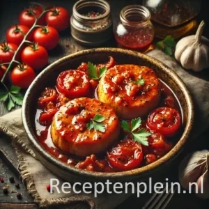 Een rustieke foodfoto van varkensfiletmedaillons met een glanzende zoetzure tomatensaus, geserveerd in een kom op een donkere houten tafel met tomaten, paprika en knoflook eromheen.