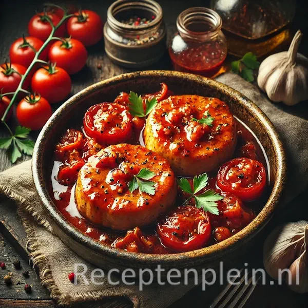 Een rustieke foodfoto van varkensfiletmedaillons met een glanzende zoetzure tomatensaus, geserveerd in een kom op een donkere houten tafel met tomaten, paprika en knoflook eromheen.