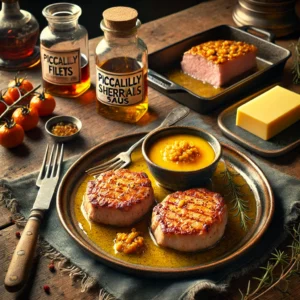 Goudbruin gebakken varkensfilets geserveerd met een pittige piccalilly-sherrysaus, op een keramisch bord met potje piccalilly, sherryfles en botervloot op een houten tafel.