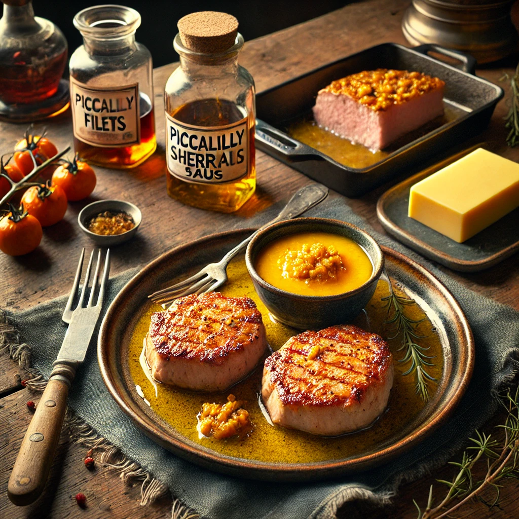 Goudbruin gebakken varkensfilets geserveerd met een pittige piccalilly-sherrysaus, op een keramisch bord met potje piccalilly, sherryfles en botervloot op een houten tafel.