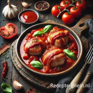 Een rustieke foodfoto van varkensfiletlapjes omwikkeld met bacon, geserveerd in een rijke rode tomatensaus en gegarneerd met basilicum, in een kom op een donkere houten tafel met spek, tomaten en knoflook eromheen. Rechtsonder staat de tekst Receptenplein.nl.