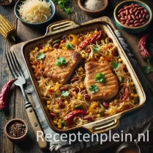 Een rustieke foodfoto van varkensfiletlapjes op een bed van zuurkool met paprika, mais en kidneybonen, geserveerd in een ovenschaal op een donkere houten tafel met verse groenten eromheen.