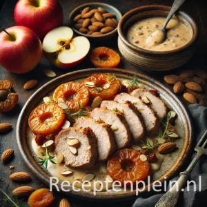 Een rustieke foodfoto van plakjes varkensfricandeau met romige fruitige amandelsaus, gegarneerd met amandelschaafsel en kruiden, geserveerd op een houten tafel met appels, abrikozen en amandelen eromheen.