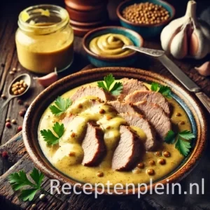 Een rustieke foodfoto van plakjes varkensfricandeau met een romige mosterdsaus, geserveerd in een kom op een donkere houten tafel met mosterdzaadjes, knoflook en een potje mosterd eromheen.
