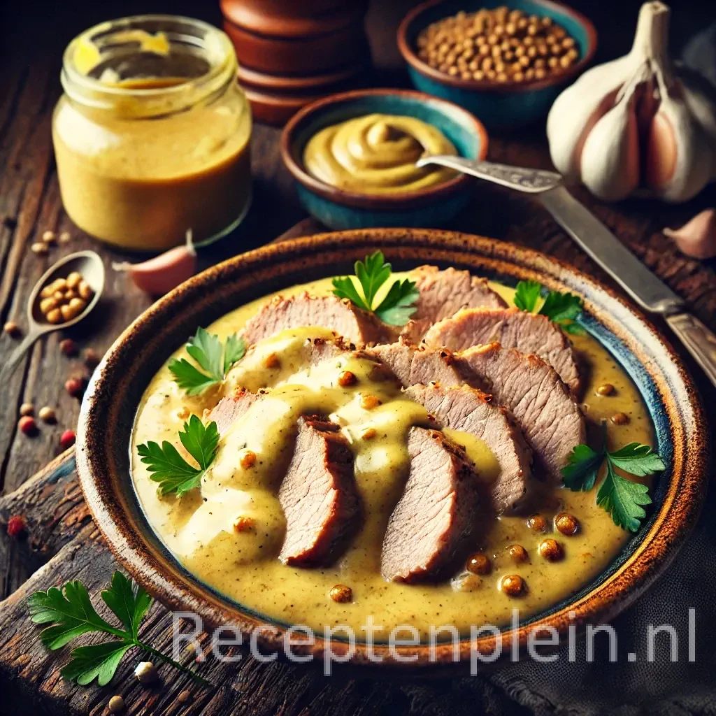 Een rustieke foodfoto van plakjes varkensfricandeau met een romige mosterdsaus, geserveerd in een kom op een donkere houten tafel met mosterdzaadjes, knoflook en een potje mosterd eromheen.