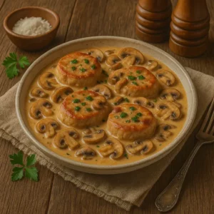 Varkenshaasmedaillons geserveerd in een romige paddenstoelensaus met champignons, gegarneerd met peterselie op een rustieke houten tafel.