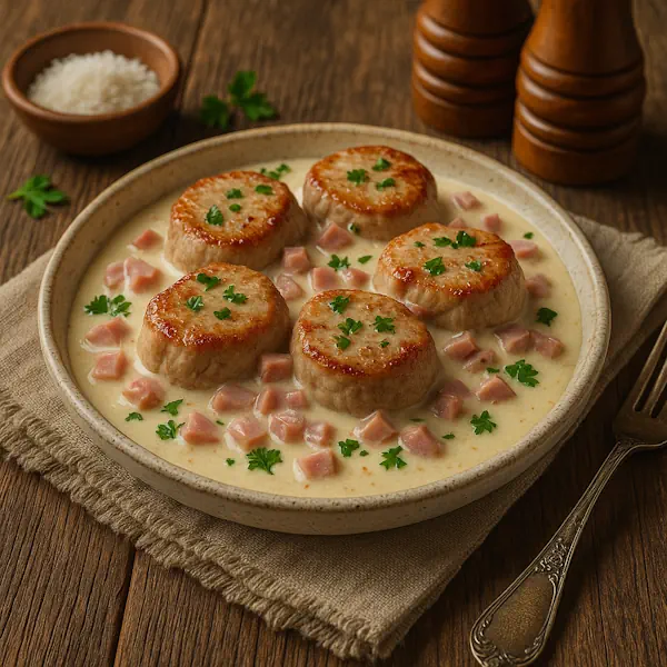 Malse varkenshaasmedaillons in een romige roomkaassaus met blokjes ham, gegarneerd met peterselie en geserveerd op een rustieke houten tafel.