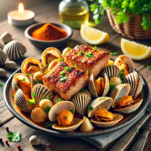 Portugees gerecht met varkenshaas in paprikamarinade en gestoomde kokkels, geserveerd met citroen en selderij op een rustieke houten tafel.