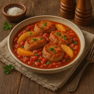 Varkenshaasmedaillons geserveerd in een frisse tomaten-sinaasappelsaus, gegarneerd met peterselie op een rustieke houten tafel.