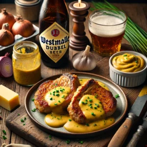 Gebakken varkenskarbonades geserveerd met een romige mosterdsaus op basis van Belgisch bier, gegarneerd met bieslook en omringd door ingrediënten op een houten tafel, zonder zichtbare tekstlabels.