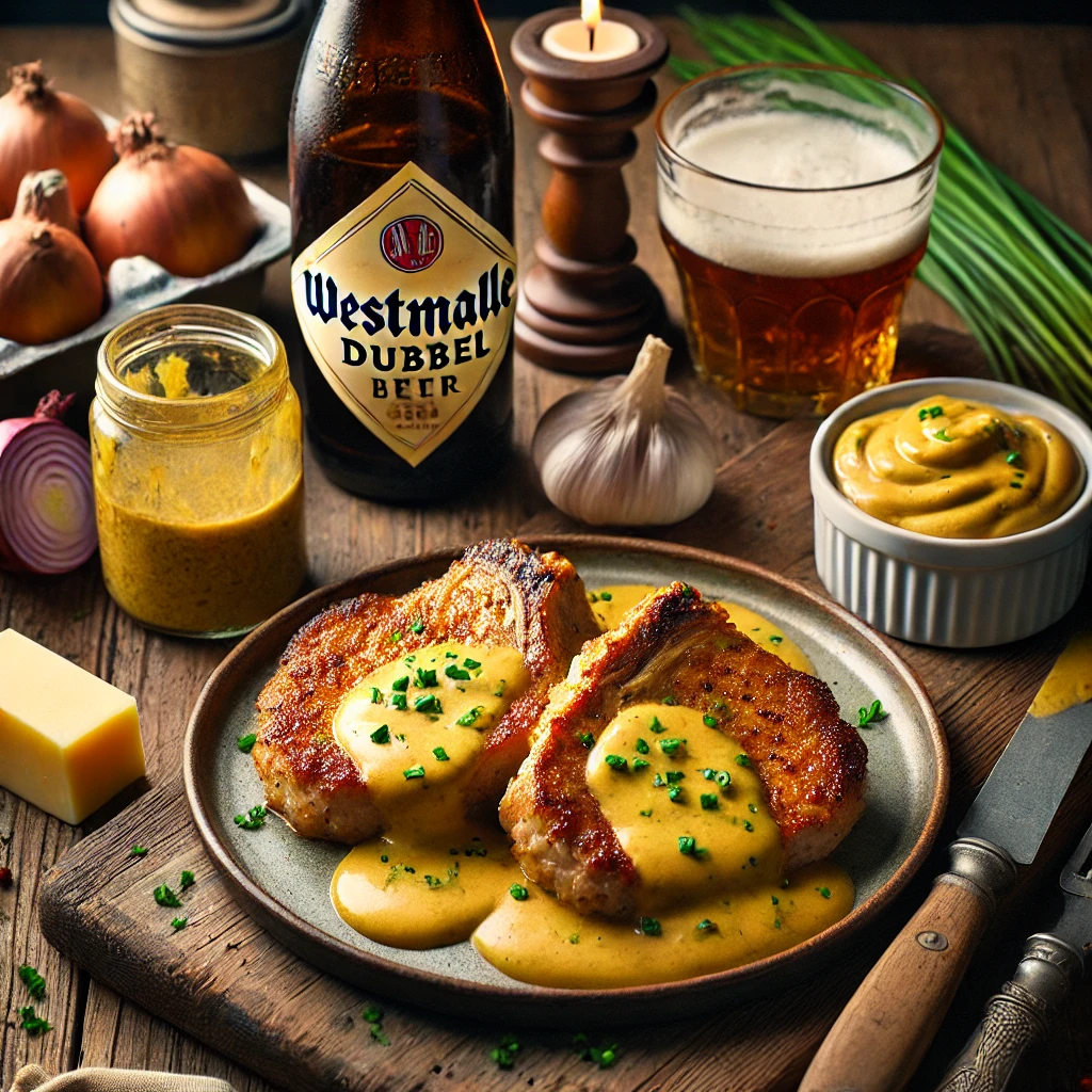 Gebakken varkenskarbonades geserveerd met een romige mosterdsaus op basis van Belgisch bier, gegarneerd met bieslook en omringd door ingrediënten op een houten tafel, zonder zichtbare tekstlabels.