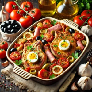 Gebakken ribkarbonades in een mediterrane tomatensaus met ui, knoflook, ham, olijven en peterselie, gegarneerd met ei en geserveerd in een ovenschaal op een houten tafel.