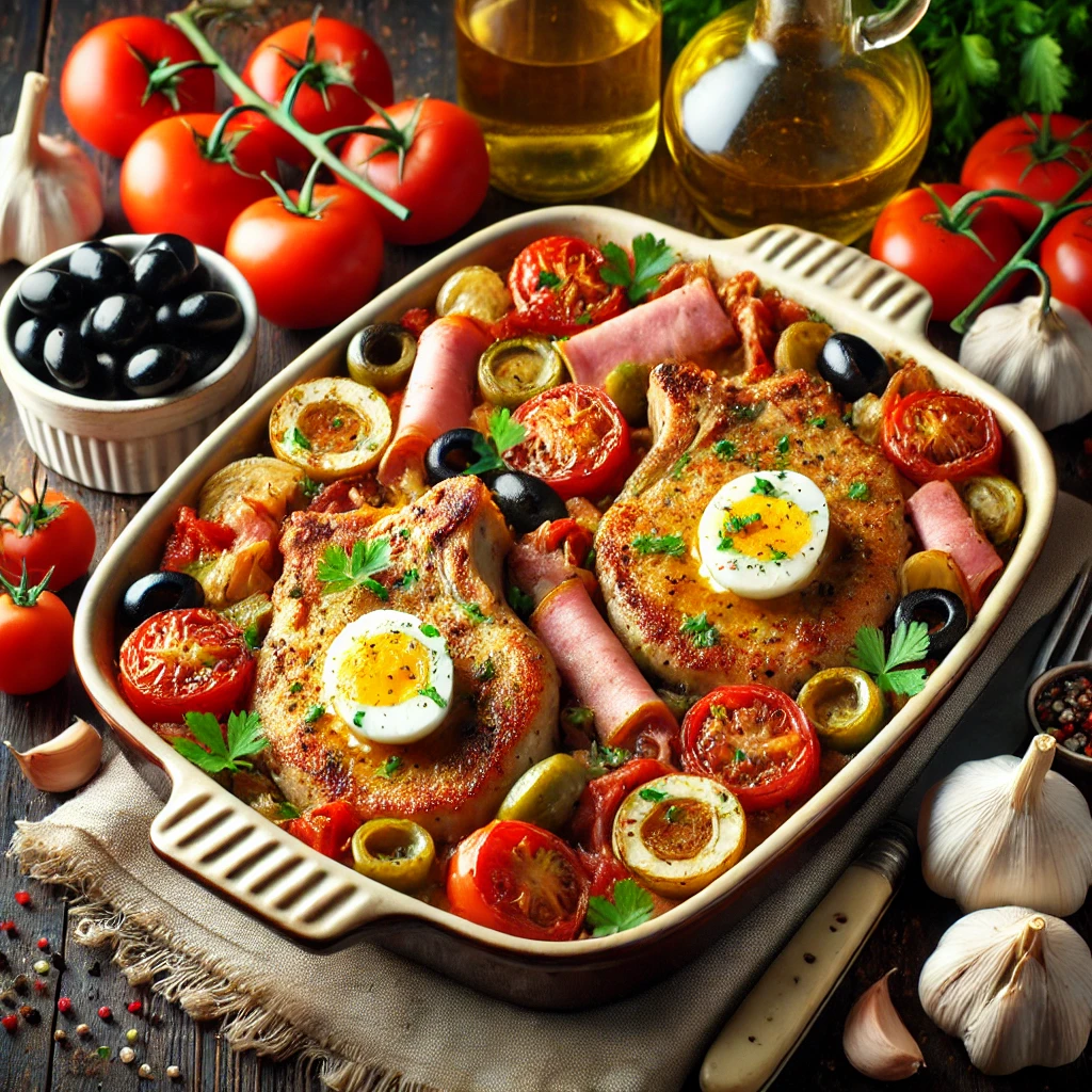Gebakken ribkarbonades in een mediterrane tomatensaus met ui, knoflook, ham, olijven en peterselie, gegarneerd met ei en geserveerd in een ovenschaal op een houten tafel.