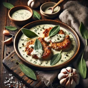 Een rustieke foodfoto van goudbruine varkenskoteletten met een romige saliesaus, geserveerd in een kom op een donkere houten tafel met salieblaadjes, knoflook en room eromheen. Rechtsonder staat de tekst Receptenplein.nl.
