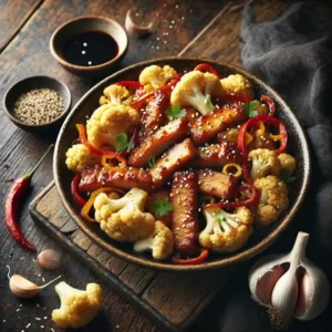 Een rustieke foodfoto van varkensreepjes met bloemkoolroosjes en rode paprika in een glanzende sojasaus, geserveerd in een kom op een donkere houten tafel met bloemkool, knoflook en sojasaus eromheen.