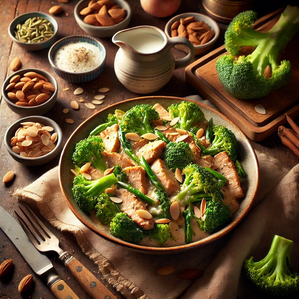 Gerecht met varkensreepjes en broccoli in een romige kruidensaus, gegarneerd met geroosterde amandelen, geserveerd in een kom op een houten tafel met verse ingrediënten eromheen.