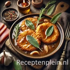 Een rustieke foodfoto van goudbruine varkensschnitzels geserveerd in een salie-ham jus, gegarneerd met salieblaadjes, in een kom op een donkere houten tafel met ham en knoflook eromheen.
