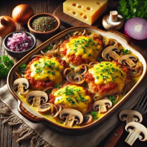 Goudbruin gebakken schnitzels bedekt met een mengsel van champignons en ui, afgetopt met gesmolten kaas en verse kruiden, geserveerd in een ovenschaal op een houten tafel.