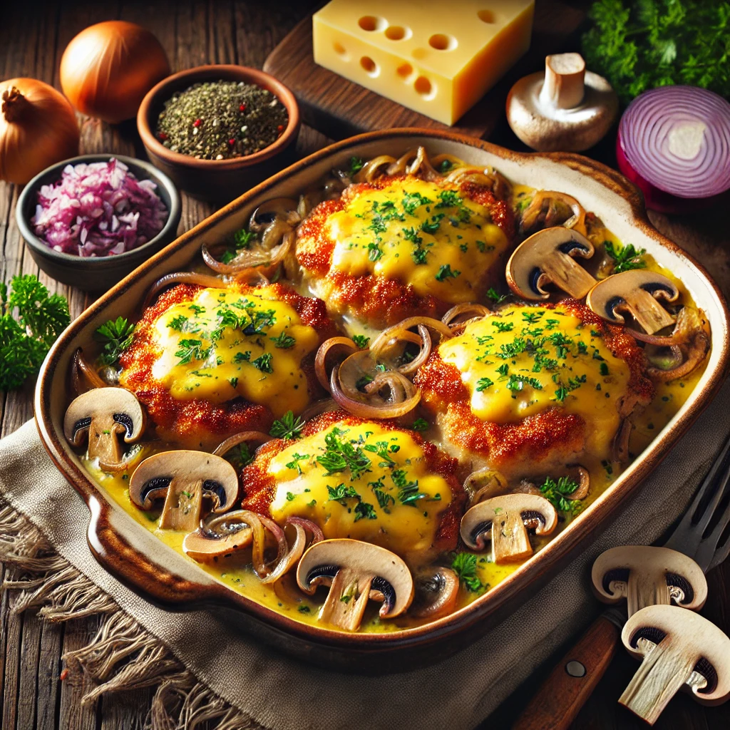 Goudbruin gebakken schnitzels bedekt met een mengsel van champignons en ui, afgetopt met gesmolten kaas en verse kruiden, geserveerd in een ovenschaal op een houten tafel.
