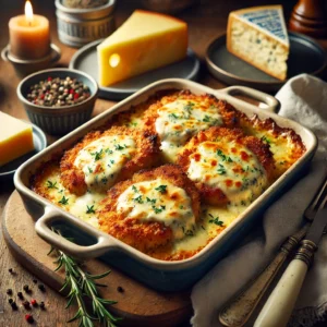 Gebakken varkensschnitzels met gesmolten Boursin of Roquefort, gekruid met Franse kruiden, gegratineerd in de oven en geserveerd in een ovenschaal op een houten tafel.