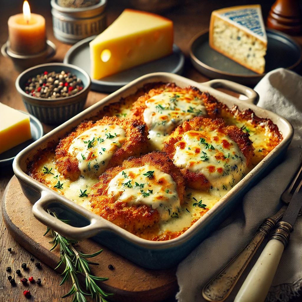 Gebakken varkensschnitzels met gesmolten Boursin of Roquefort, gekruid met Franse kruiden, gegratineerd in de oven en geserveerd in een ovenschaal op een houten tafel.