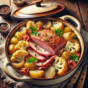 Rustieke ovenschotel met varkensvlees, spek, groenten en aardappelen in een lichte bouillon, geserveerd in een keramische schaal.