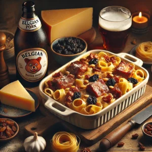 Ovenschaal met laagjes tagliatelle, gestoofd varkensvlees in oud bruin bier, rozijnen en pijnboompitten, gegratineerd met Parmezaanse roomsaus, geserveerd met Belgisch bier en winterse ingrediënten.