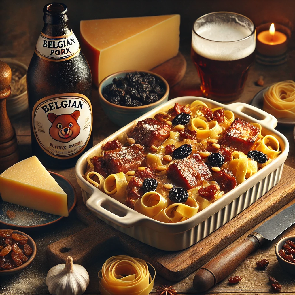 Ovenschaal met laagjes tagliatelle, gestoofd varkensvlees in oud bruin bier, rozijnen en pijnboompitten, gegratineerd met Parmezaanse roomsaus, geserveerd met Belgisch bier en winterse ingrediënten.