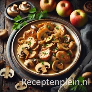 Een rustieke foodfoto van malse stukjes varkensvlees met gebakken champignons en een lichte appelsaus, geserveerd in een kom op een donkere houten tafel met champignons, appels en kruiden eromheen.