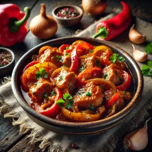 Een rustieke foodfoto van malse stukjes varkensvlees in een glanzende paprika-uien saus met rode en gele paprika, geserveerd in een kom op een donkere houten tafel met uien en paprika’s eromheen.