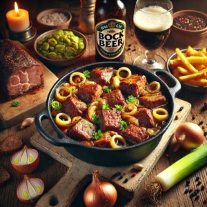 Stoofpot van varkensvlees met bockbier, ui en prei, geserveerd in een stoofpan met ontbijtkoek, frietjes en salade op een houten tafel in herfstige sfeer.