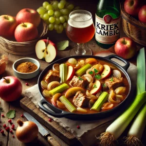 Stoofpot van varkensvlees met appel, prei en bleekselderij in een lichtrode kriekbier-saus, geserveerd in een stoofpan met veldsla en verse ingrediënten op een houten tafel.