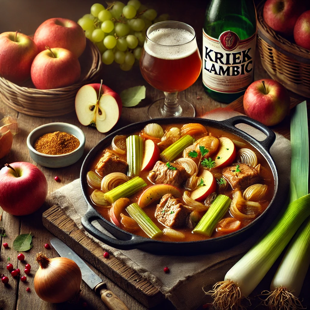 Stoofpot van varkensvlees met appel, prei en bleekselderij in een lichtrode kriekbier-saus, geserveerd in een stoofpan met veldsla en verse ingrediënten op een houten tafel.