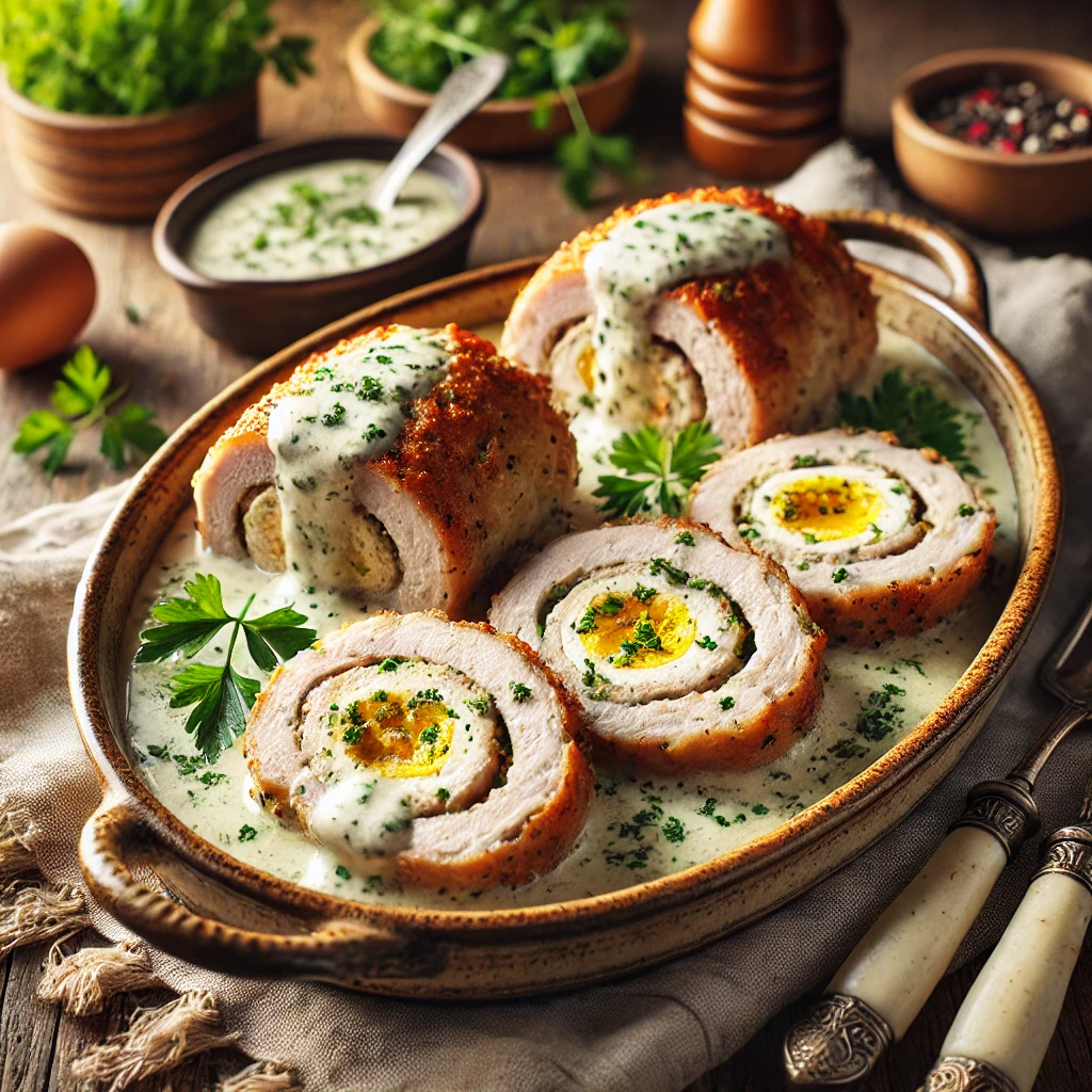 Gevulde varkensschnitzels met ei en kruiden in romige saus, geserveerd op een rustiek bord met peterselie.