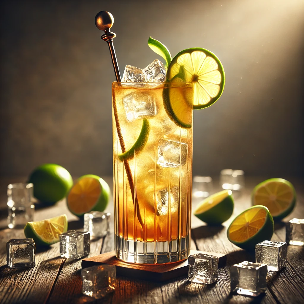 Four Nine One cocktail in een hoog longdrinkglas, gevuld met ijsblokjes en een mix van Bacardi, gin, apricot brandy en ginger ale, gegarneerd met een schijfje limoen en een elegante roerstaaf, gepresenteerd op een rustieke houten tafel met limoenhelften en ijsblokjes eromheen.