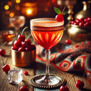 Een elegant gepresenteerde Victoria cocktail, geserveerd in een stijlvol flute-glas op een rustieke houten tafel. De cocktail heeft een levendige rood-oranje kleur met enkele druppels grenadine die subtiel naar de bodem zijn gezakt. Het glas is afgewerkt met een felrode cocktailkers als garnering. De setting wordt verfraaid met verspreide cocktailkersen, ijsblokjes en subtiele sfeerverlichting. 🍸