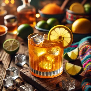 Een stijlvol gepresenteerde Villa Mary cocktail, geserveerd in een kort whiskeyglas op een rustieke houten tafel. De cocktail heeft een levendige gouden-oranje kleur, gevuld met ijsblokjes en schijfjes citroen en limoen. Het glas is gegarneerd met een verse citroenschijf en een limoenpartje. De setting is aangekleed met verspreide citrusschijfjes, ijsblokjes en warme sfeerverlichting. 🍋🍹✨