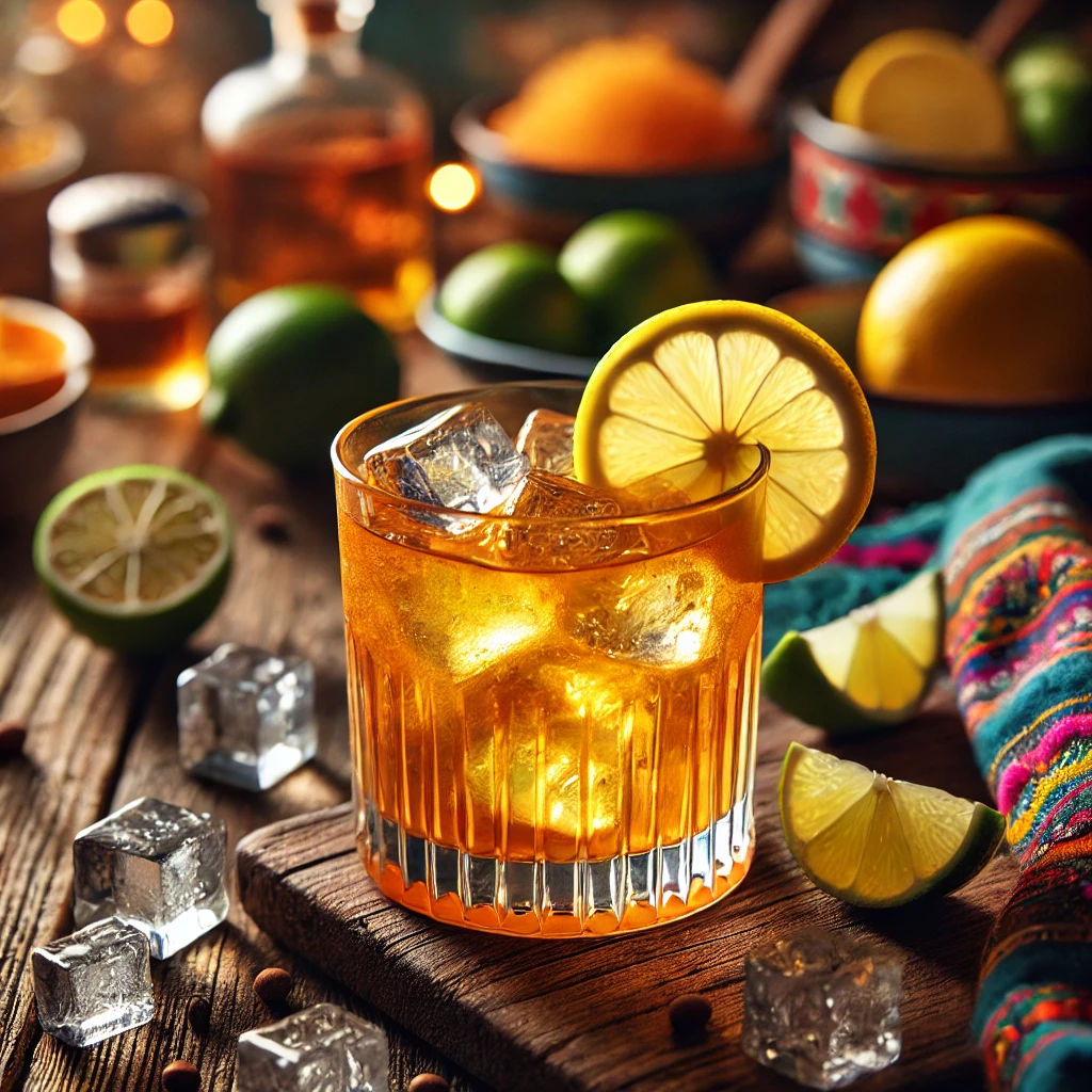 Een stijlvol gepresenteerde Villa Mary cocktail, geserveerd in een kort whiskeyglas op een rustieke houten tafel. De cocktail heeft een levendige gouden-oranje kleur, gevuld met ijsblokjes en schijfjes citroen en limoen. Het glas is gegarneerd met een verse citroenschijf en een limoenpartje. De setting is aangekleed met verspreide citrusschijfjes, ijsblokjes en warme sfeerverlichting. 🍋🍹✨