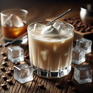 White Russian cocktail met een romige beige kleur, geserveerd in een whiskeyglas gevuld met ijsblokjes, gegarneerd met een stijlvol roerstaafje, op een rustieke houten tafel met verspreide koffiebonen en ijsblokjes.