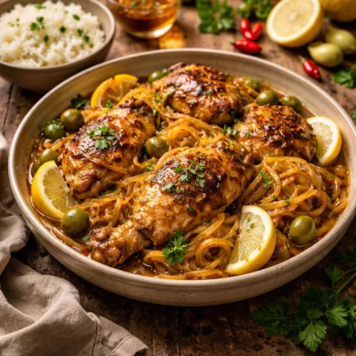 Yassa de poulet op rustieke houten tafel