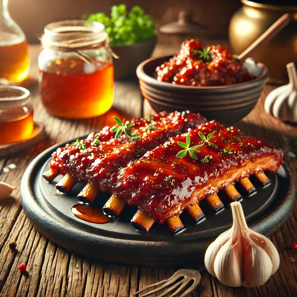 Glutenvrije en lactosevrije spareribs in een glanzende honing-tomatenmarinade, perfect voor de barbecue of oven.