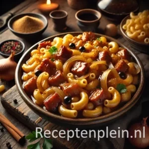Een rustieke foodfoto van zoete macaroni met kleinere stukjes varkensvlees in een glanzende ketjapsaus, geserveerd in een kom op een houten tafel met uien, specerijen en macaroni eromheen.