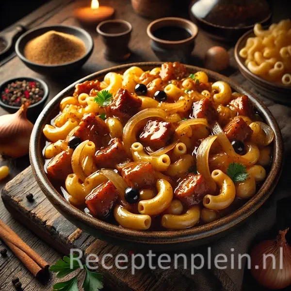 Een rustieke foodfoto van zoete macaroni met kleinere stukjes varkensvlees in een glanzende ketjapsaus, geserveerd in een kom op een houten tafel met uien, specerijen en macaroni eromheen.