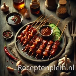 Een rustieke foodfoto van zoete varkenssaté, gegrilde satéspiesjes met een glanzende ketjap manis glazuur, geserveerd op een bord met komkommer en rode peper, op een houten tafel met ketjap, knoflook en sjalotten eromheen.