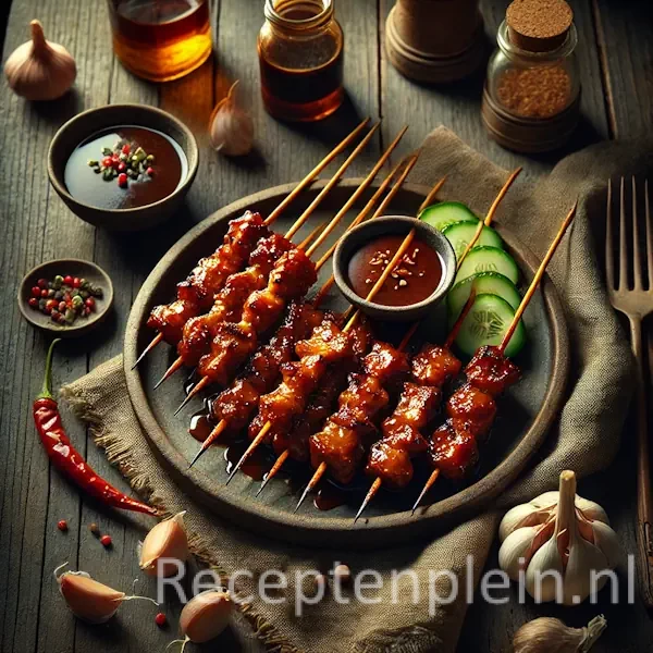 Een rustieke foodfoto van zoete varkenssaté, gegrilde satéspiesjes met een glanzende ketjap manis glazuur, geserveerd op een bord met komkommer en rode peper, op een houten tafel met ketjap, knoflook en sjalotten eromheen.
