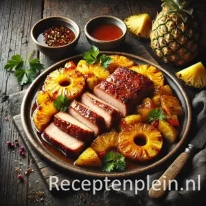 Een rustieke foodfoto van plakjes fricandeau met een glanzende zoetzure saus, geserveerd met stukjes ananas en paprika op een bord, op een houten tafel met verse ananas en saus eromheen.