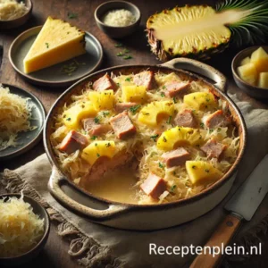 Een rustieke foodfoto van een zuurkoolschotel met stukjes varkensvlees, ananas en een goudbruine kaastopping, geserveerd in een ovenschaal op een donkere houten tafel met zuurkool en ananas eromheen. Rechtsonder staat de tekst Receptenplein.nl.